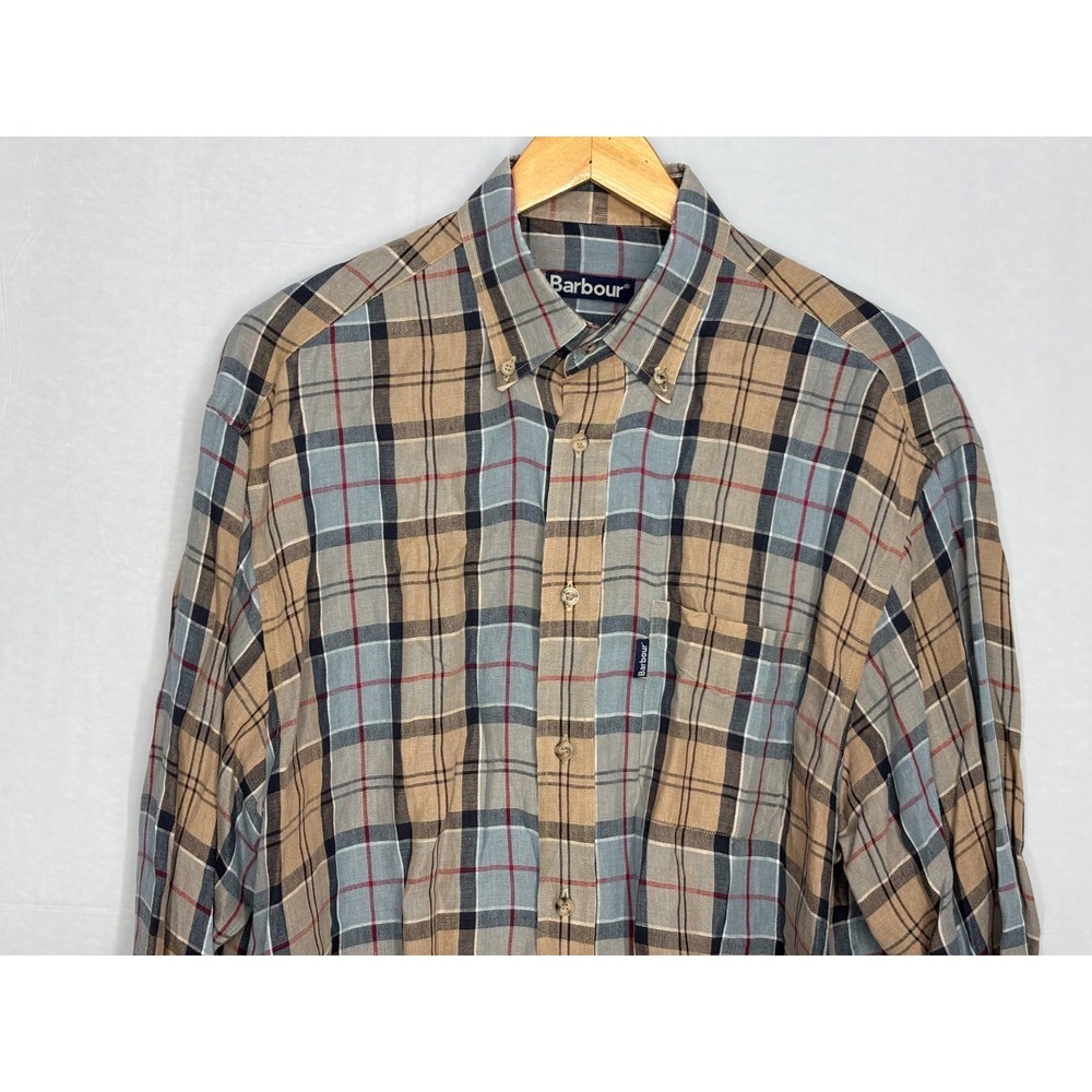 Barbour Button Down Shirt Mens Brown Blue Tartan Plaid Classic Fit Pockets Large